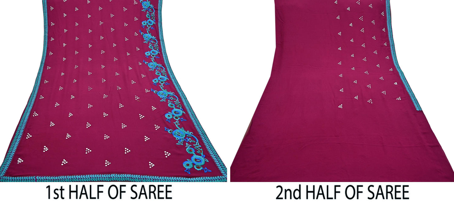 Indian Vintage Heavy Sarees Maroon Pure Georgette Silk Hand Embroidered Sari Fabric 6Yd Sewing Ethnic Zardozi/dabka zari With Blouse Pcs