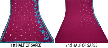 Indian Vintage Heavy Sarees Maroon Pure Georgette Silk Hand Embroidered Sari Fabric 6Yd Sewing Ethnic Zardozi/dabka zari With Blouse Pcs