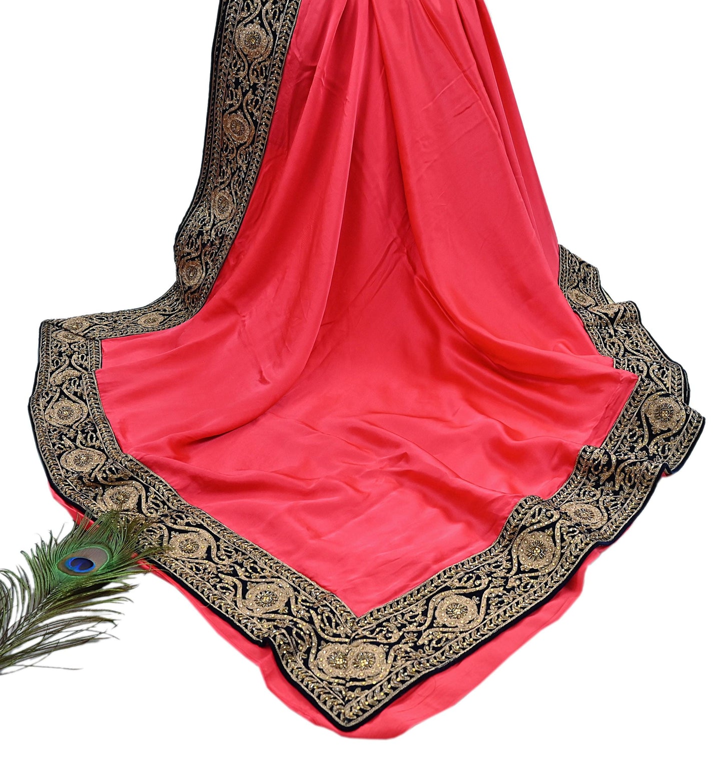 Rare Vintage Peach Pure Satin Silk Saree Hand Embroidered Fabric 5.5 Yards Sari Bollywood Party Wear Ethnic Designer Saree
