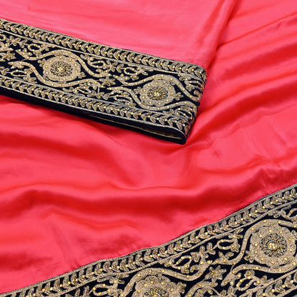 Rare Vintage Peach Pure Satin Silk Saree Hand Embroidered Fabric 5.5 Yards Sari Bollywood Party Wear Ethnic Designer Saree