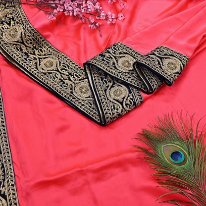 Rare Vintage Peach Pure Satin Silk Saree Hand Embroidered Fabric 5.5 Yards Sari Bollywood Party Wear Ethnic Designer Saree