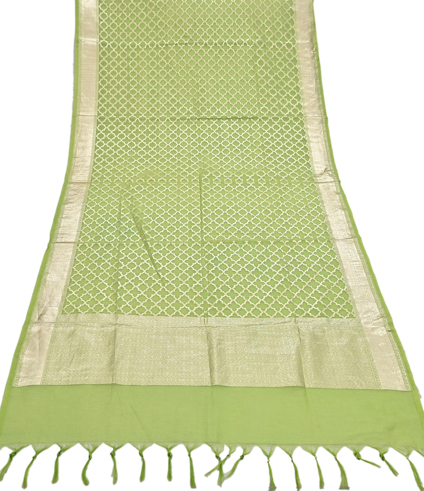 Indian Vintage Green Chanderi Brocade Dupatta Floral Zari Woven Scarf veil fringes work