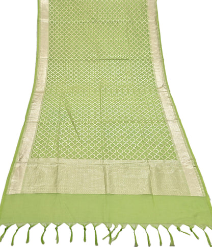 Indian Vintage Green Chanderi Brocade Dupatta Floral Zari Woven Scarf veil fringes work