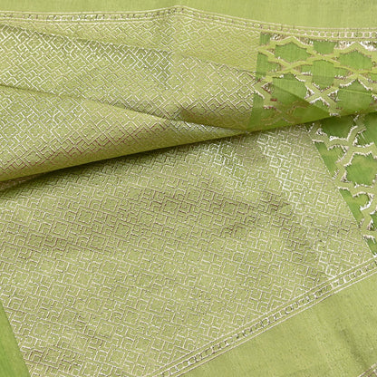 Indian Vintage Green Chanderi Brocade Dupatta Floral Zari Woven Scarf veil fringes work