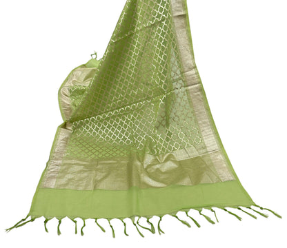 Indian Vintage Green Chanderi Brocade Dupatta Floral Zari Woven Scarf veil fringes work