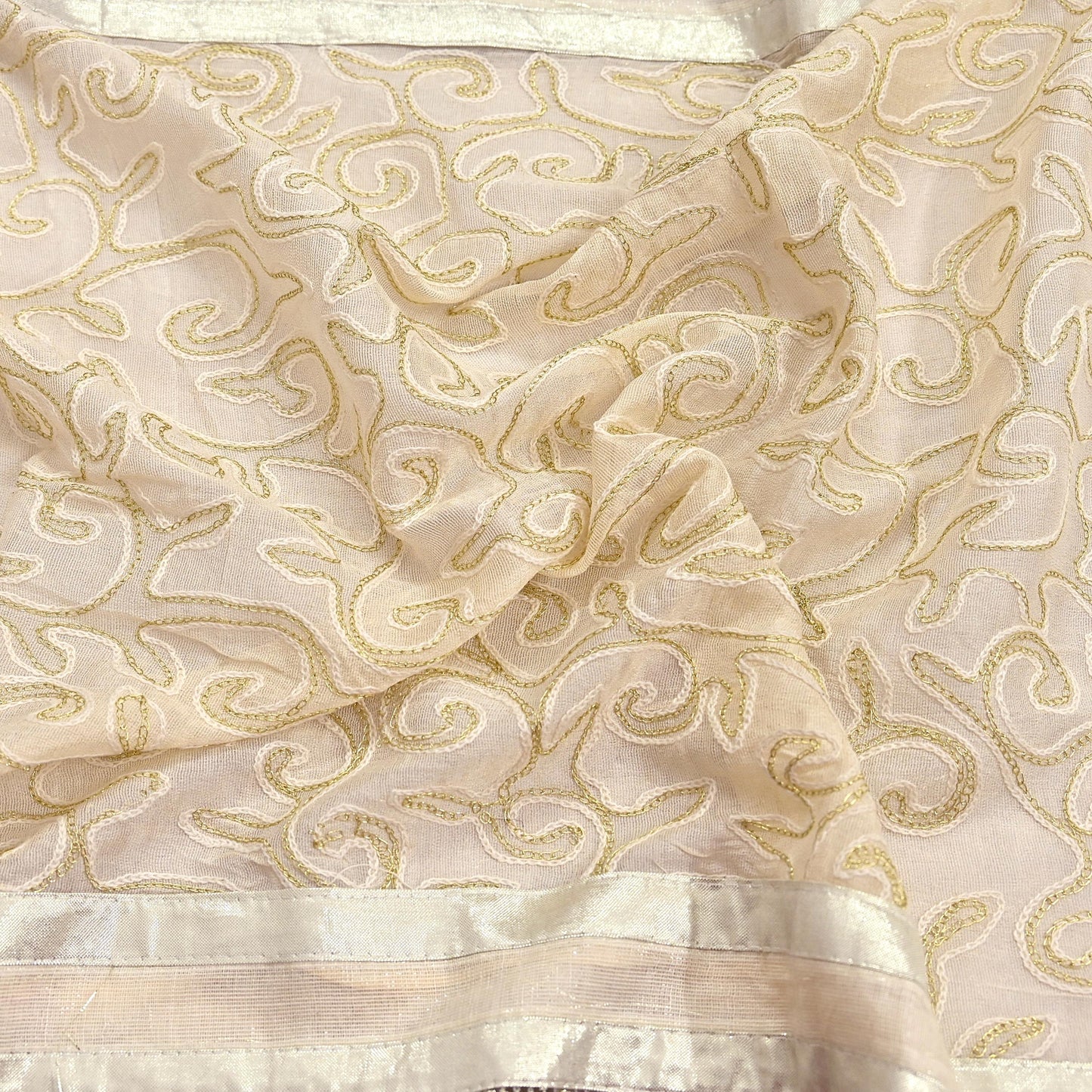 Indian Vintage Ivory Dupatta Long Stole Pure Cotton Hand Embroidered Scarves Veil Scarf Wrap