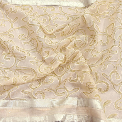 Indian Vintage Ivory Dupatta Long Stole Pure Cotton Hand Embroidered Scarves Veil Scarf Wrap