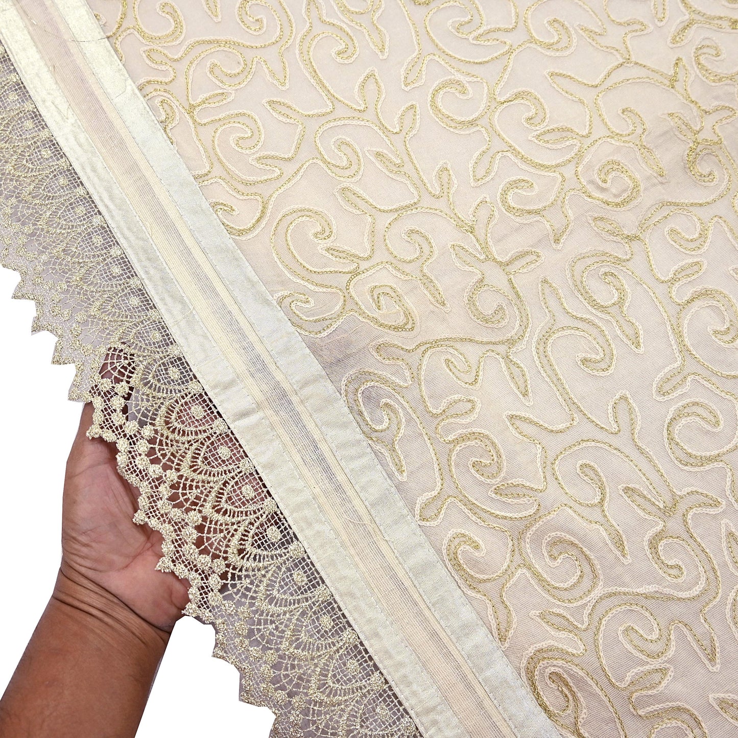 Indian Vintage Ivory Dupatta Long Stole Pure Cotton Hand Embroidered Scarves Veil Scarf Wrap