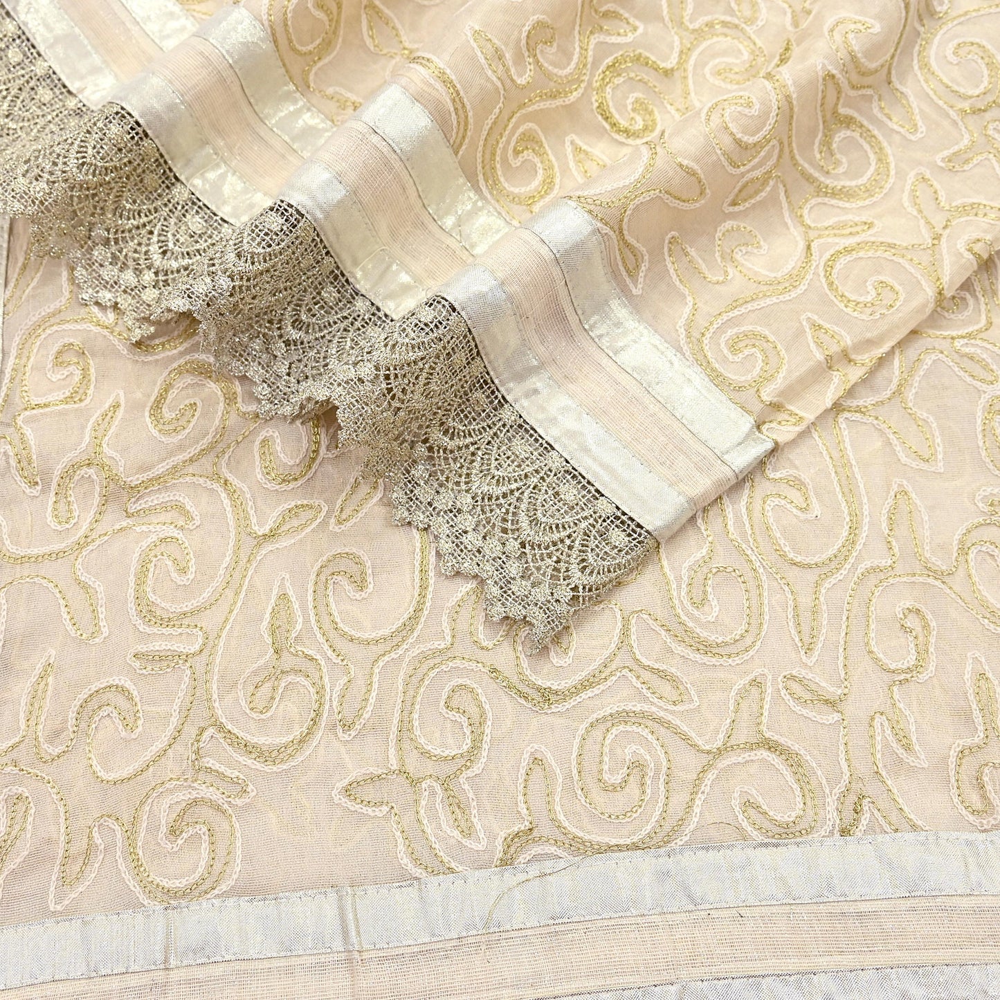 Indian Vintage Ivory Dupatta Long Stole Pure Cotton Hand Embroidered Scarves Veil Scarf Wrap