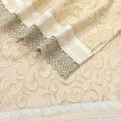 Indian Vintage Ivory Dupatta Long Stole Pure Cotton Hand Embroidered Scarves Veil Scarf Wrap