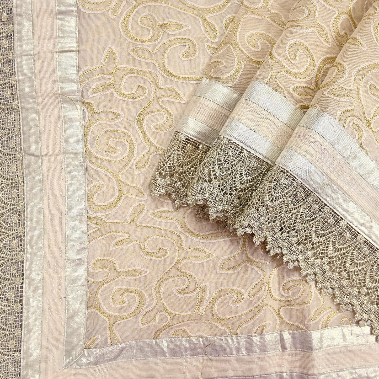 Indian Vintage Ivory Dupatta Long Stole Pure Cotton Hand Embroidered Scarves Veil Scarf Wrap
