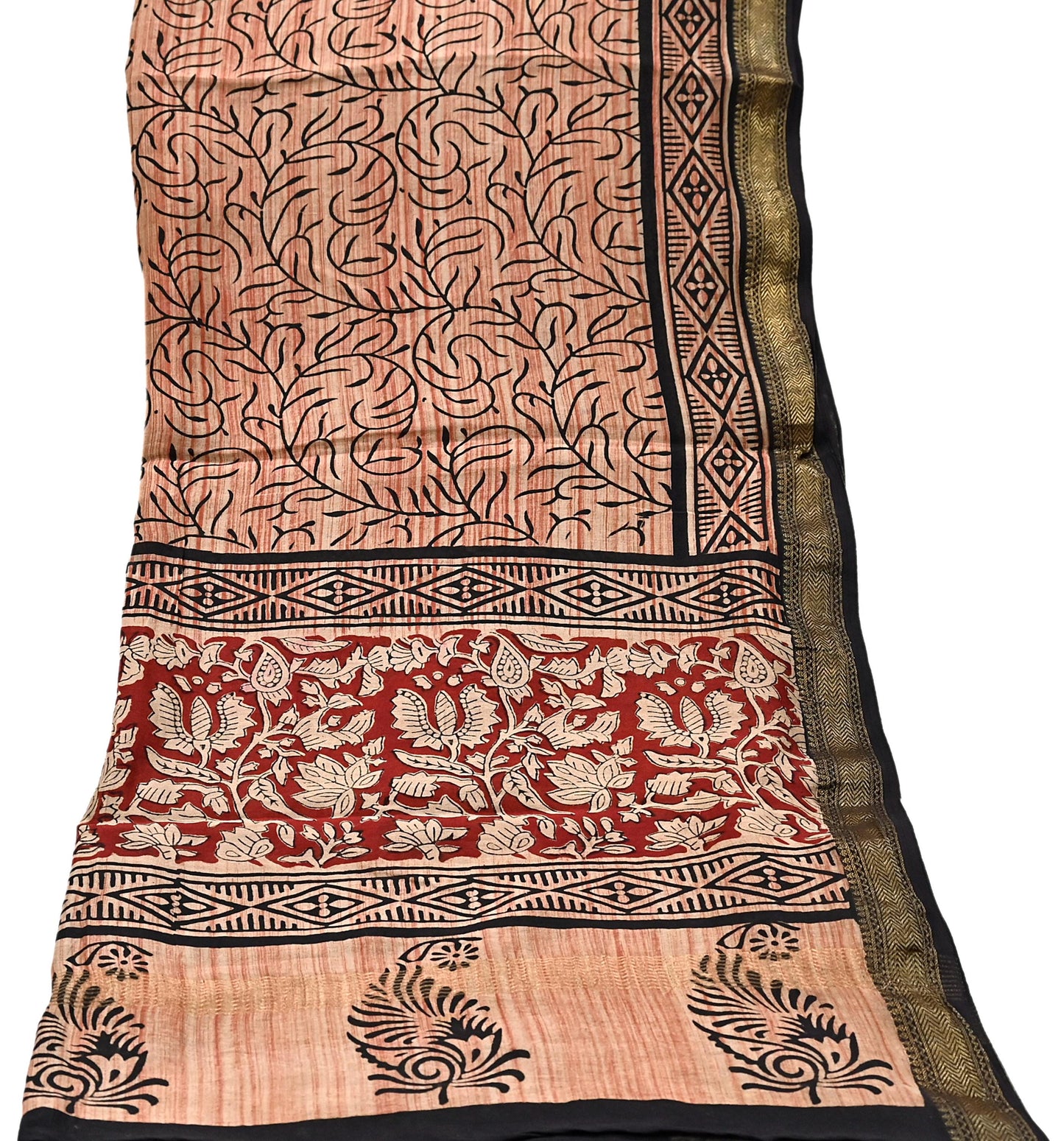 Indian Vintage Dupatta Ivory & Blue Long Stole Block Print Pure Chanderi Silk Scarves Veil Zari Wrap Hijab