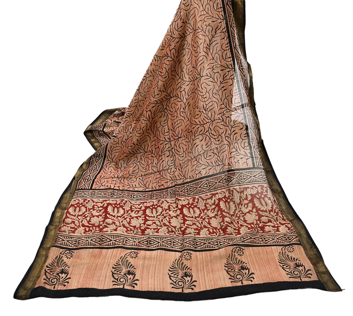 Indian Vintage Dupatta Ivory & Blue Long Stole Block Print Pure Chanderi Silk Scarves Veil Zari Wrap Hijab