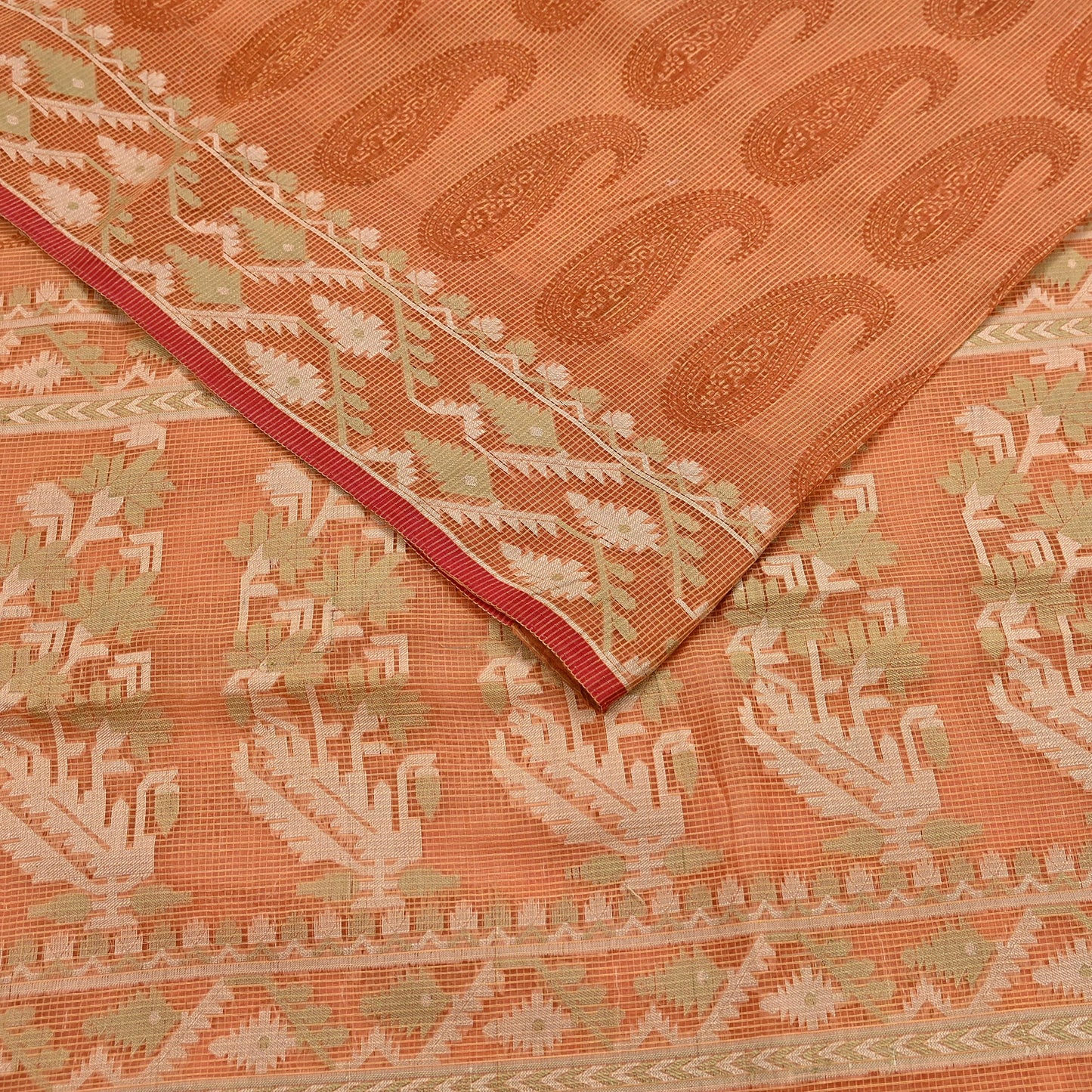 Indian Vintage Sari Saffron Hand Woven 100% Pure Organza Silk Saree Craft Fabric 5Yd Dress Making Crafting Quilting Upcycle Zari