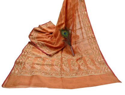 Indian Vintage Sari Saffron Hand Woven 100% Pure Organza Silk Saree Craft Fabric 5Yd Dress Making Crafting Quilting Upcycle Zari
