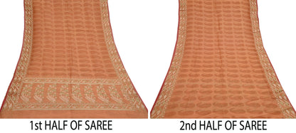 Indian Vintage Sari Saffron Hand Woven 100% Pure Organza Silk Saree Craft Fabric 5Yd Dress Making Crafting Quilting Upcycle Zari