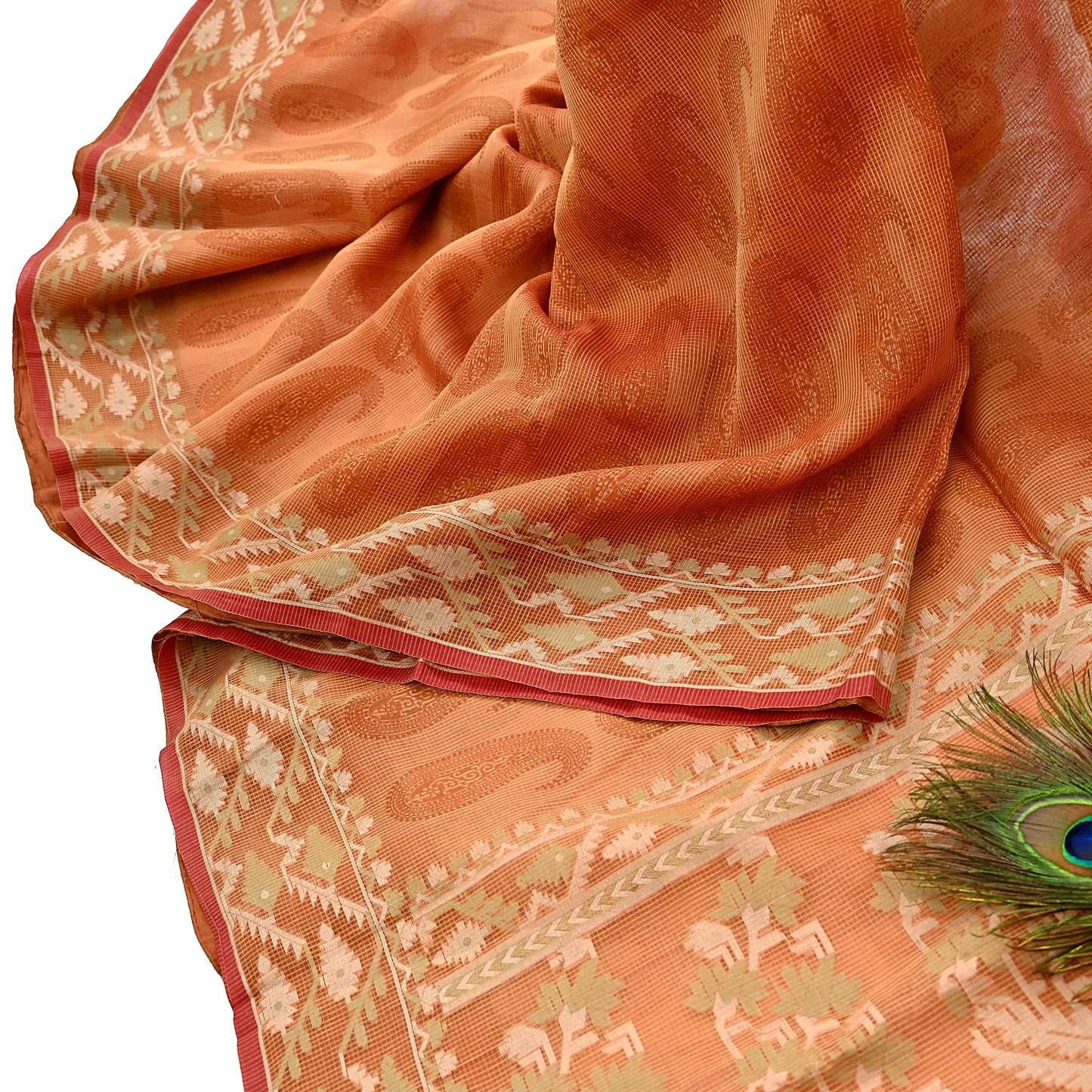 Indian Vintage Sari Saffron Hand Woven 100% Pure Organza Silk Saree Craft Fabric 5Yd Dress Making Crafting Quilting Upcycle Zari
