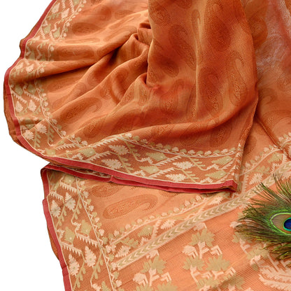 Indian Vintage Sari Saffron Hand Woven 100% Pure Organza Silk Saree Craft Fabric 5Yd Dress Making Crafting Quilting Upcycle Zari