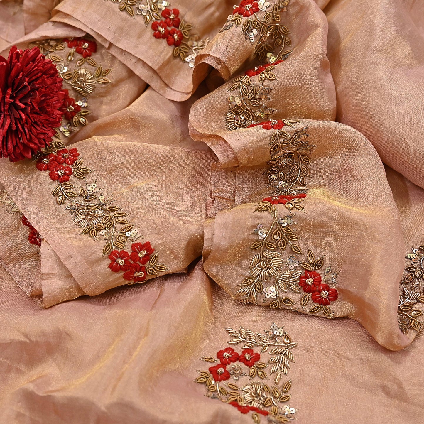 Rare Vintage Golden Peach Pure Tissue Silk Saree Zardozi Hand Embroidered Designer Sabyasachi Sari 5.5 Yard Bollywood Party Wear
