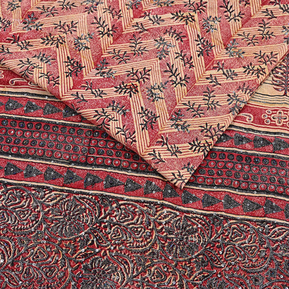 Indian Vintage Sari Red & Beige Pure Crepe Silk Hand Embroidered Saree 5yd Sewing Floral Craft Sequins Dress making Crafting Quilting