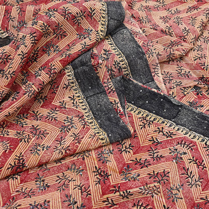 Indian Vintage Sari Red & Beige Pure Crepe Silk Hand Embroidered Saree 5yd Sewing Floral Craft Sequins Dress making Crafting Quilting