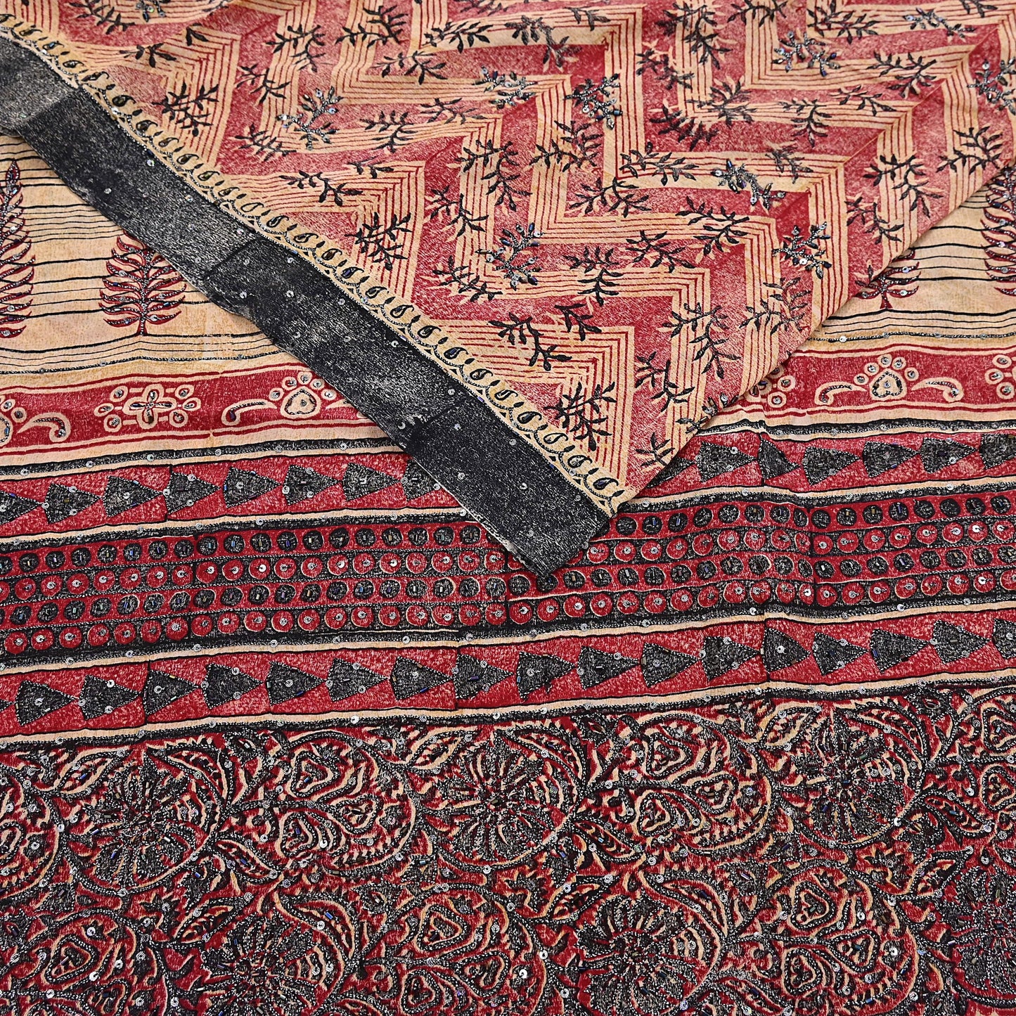 Indian Vintage Sari Red & Beige Pure Crepe Silk Hand Embroidered Saree 5yd Sewing Floral Craft Sequins Dress making Crafting Quilting