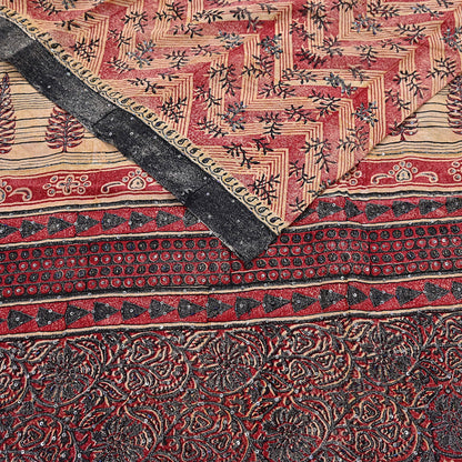 Indian Vintage Sari Red & Beige Pure Crepe Silk Hand Embroidered Saree 5yd Sewing Floral Craft Sequins Dress making Crafting Quilting