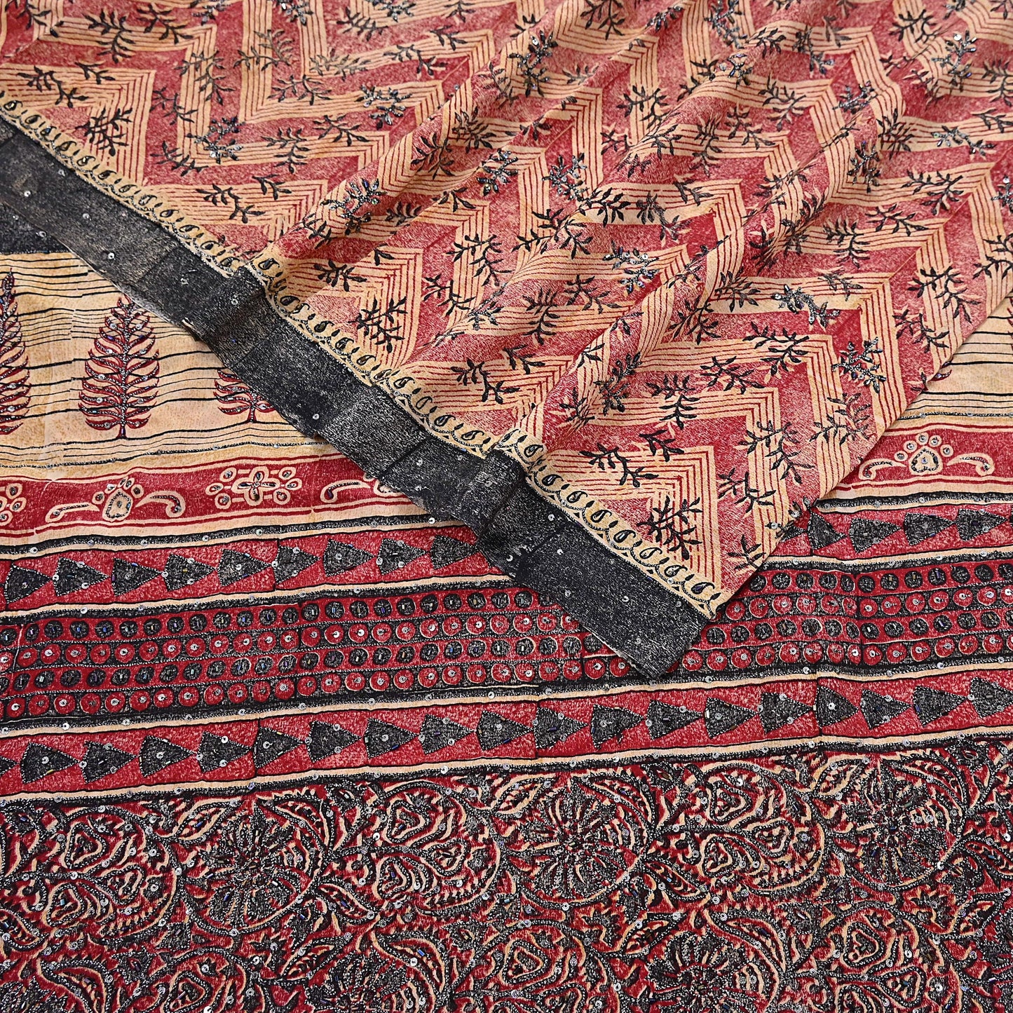 Indian Vintage Sari Red & Beige Pure Crepe Silk Hand Embroidered Saree 5yd Sewing Floral Craft Sequins Dress making Crafting Quilting