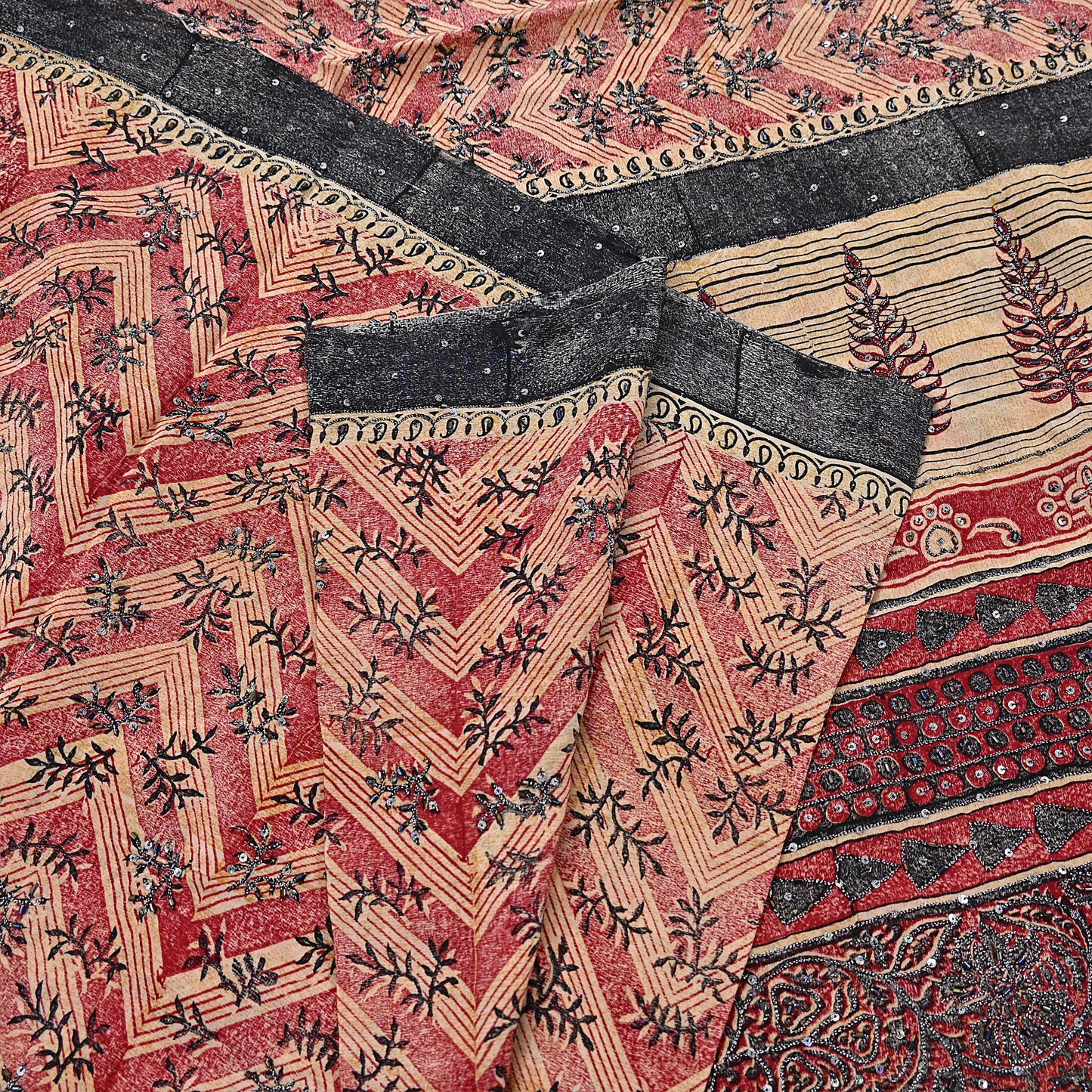 Indian Vintage Sari Red & Beige Pure Crepe Silk Hand Embroidered Saree 5yd Sewing Floral Craft Sequins Dress making Crafting Quilting