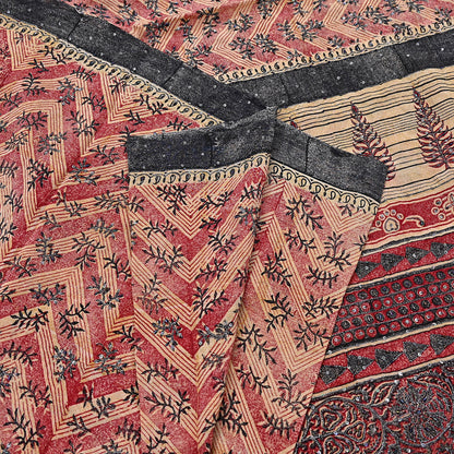 Indian Vintage Sari Red & Beige Pure Crepe Silk Hand Embroidered Saree 5yd Sewing Floral Craft Sequins Dress making Crafting Quilting