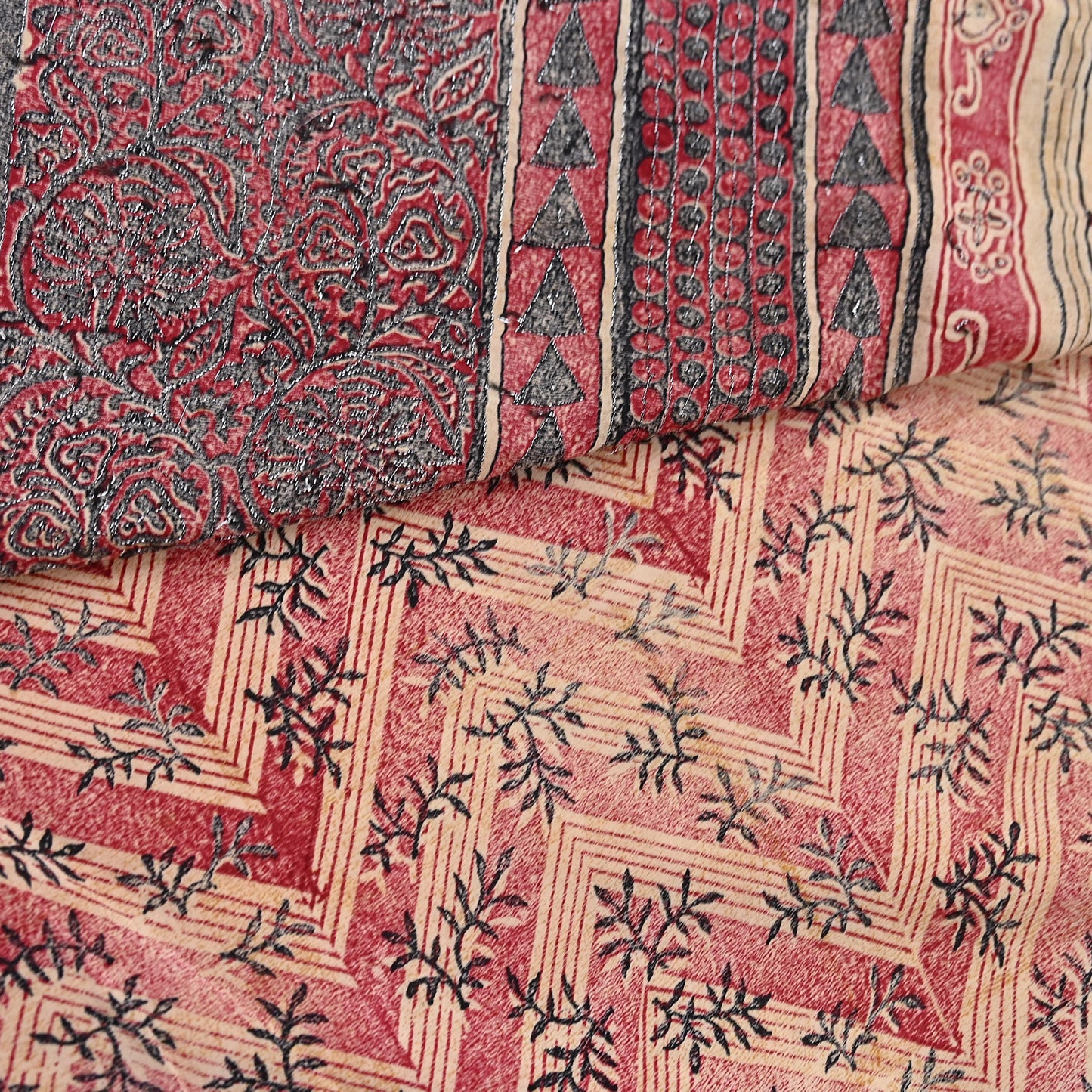 Indian Vintage Sari Red & Beige Pure Crepe Silk Hand Embroidered Saree 5yd Sewing Floral Craft Sequins Dress making Crafting Quilting