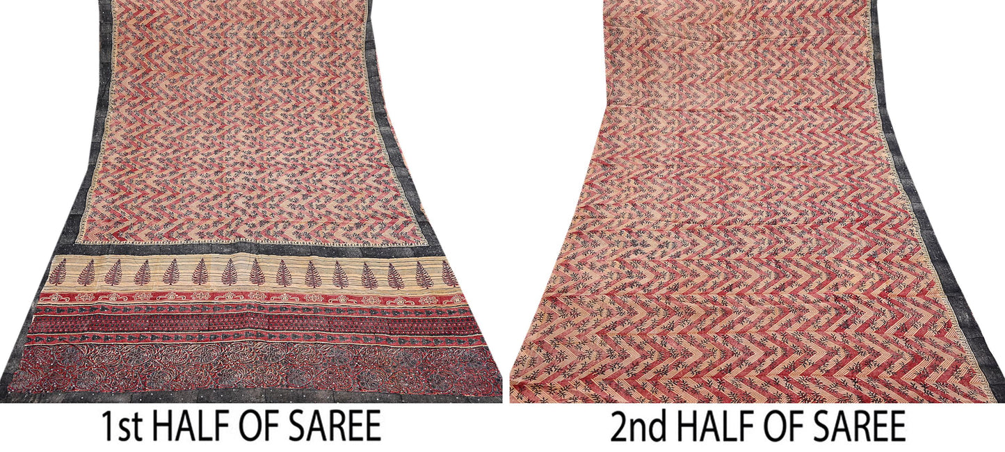 Indian Vintage Sari Red & Beige Pure Crepe Silk Hand Embroidered Saree 5yd Sewing Floral Craft Sequins Dress making Crafting Quilting