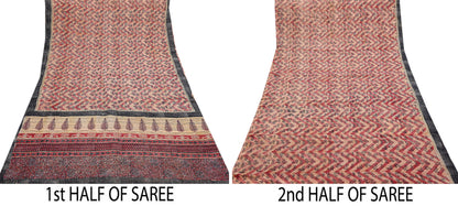 Indian Vintage Sari Red & Beige Pure Crepe Silk Hand Embroidered Saree 5yd Sewing Floral Craft Sequins Dress making Crafting Quilting