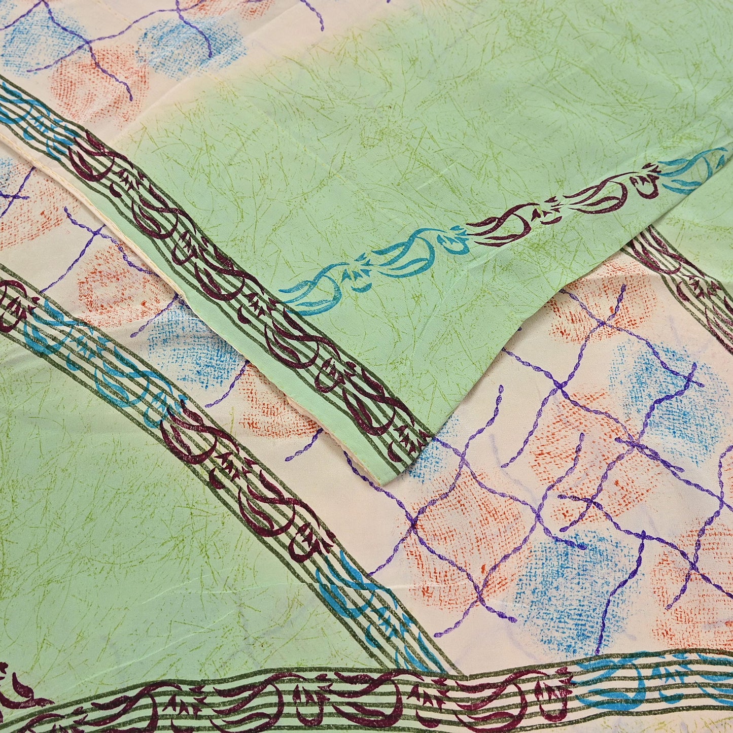Indian Vintage Sari Green & Ivory Pure Crepe Silk Printed Sarees 5yd Sewing Floral Soft Craft Fabric Wrap Dress Making Crafting Quilting