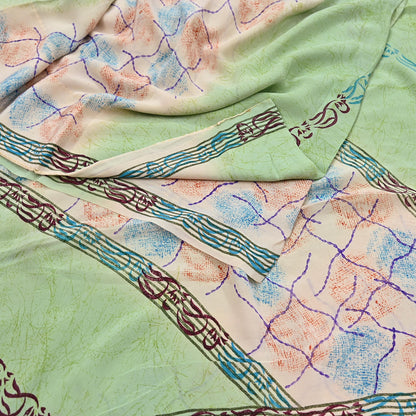 Indian Vintage Sari Green & Ivory Pure Crepe Silk Printed Sarees 5yd Sewing Floral Soft Craft Fabric Wrap Dress Making Crafting Quilting