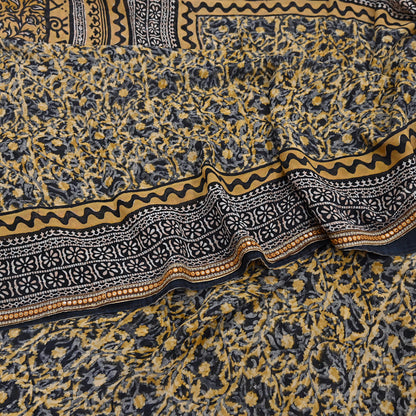 Indian Vintage Sari Beige & Black Pure Georgette Silk Printed Sarees 5Yd Craft Fabric Sewing Quilting Dress making Crafting Quilting Upcycle