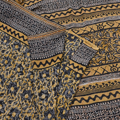 Indian Vintage Sari Beige & Black Pure Georgette Silk Printed Sarees 5Yd Craft Fabric Sewing Quilting Dress making Crafting Quilting Upcycle