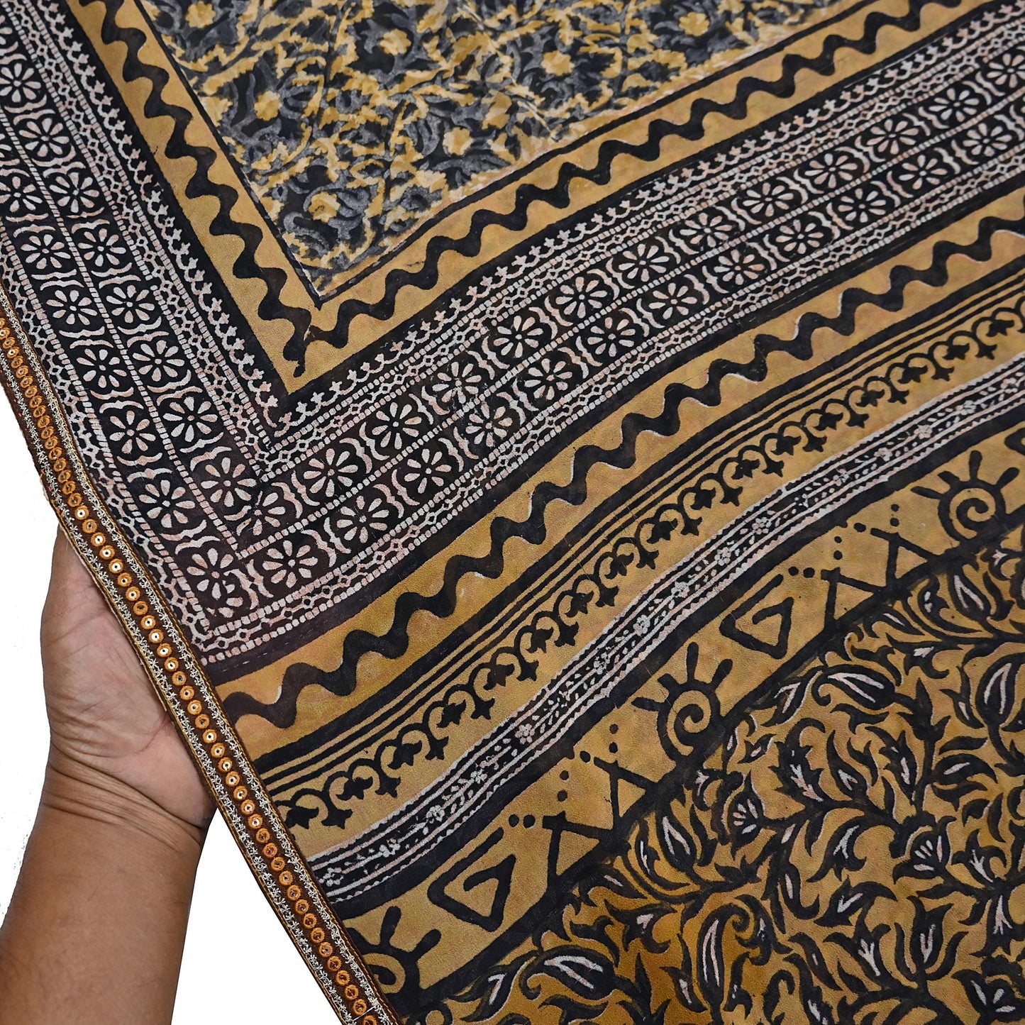 Indian Vintage Sari Beige & Black Pure Georgette Silk Printed Sarees 5Yd Craft Fabric Sewing Quilting Dress making Crafting Quilting Upcycle