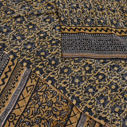 Indian Vintage Sari Beige & Black Pure Georgette Silk Printed Sarees 5Yd Craft Fabric Sewing Quilting Dress making Crafting Quilting Upcycle
