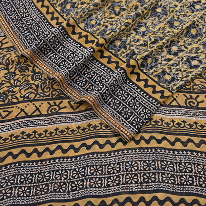 Indian Vintage Sari Beige & Black Pure Georgette Silk Printed Sarees 5Yd Craft Fabric Sewing Quilting Dress making Crafting Quilting Upcycle