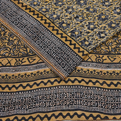 Indian Vintage Sari Beige & Black Pure Georgette Silk Printed Sarees 5Yd Craft Fabric Sewing Quilting Dress making Crafting Quilting Upcycle