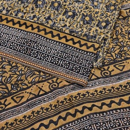 Indian Vintage Sari Beige & Black Pure Georgette Silk Printed Sarees 5Yd Craft Fabric Sewing Quilting Dress making Crafting Quilting Upcycle