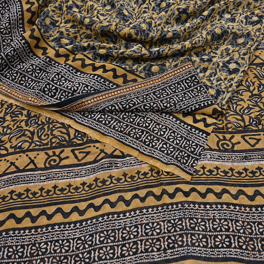 Indian Vintage Sari Beige & Black Pure Georgette Silk Printed Sarees 5Yd Craft Fabric Sewing Quilting Dress making Crafting Quilting Upcycle