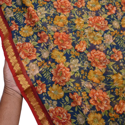 Vintage Saree Teal Blue Pure Chiffon Silk Printed Sari Craft Fabric Sewing 6Yard Soft
