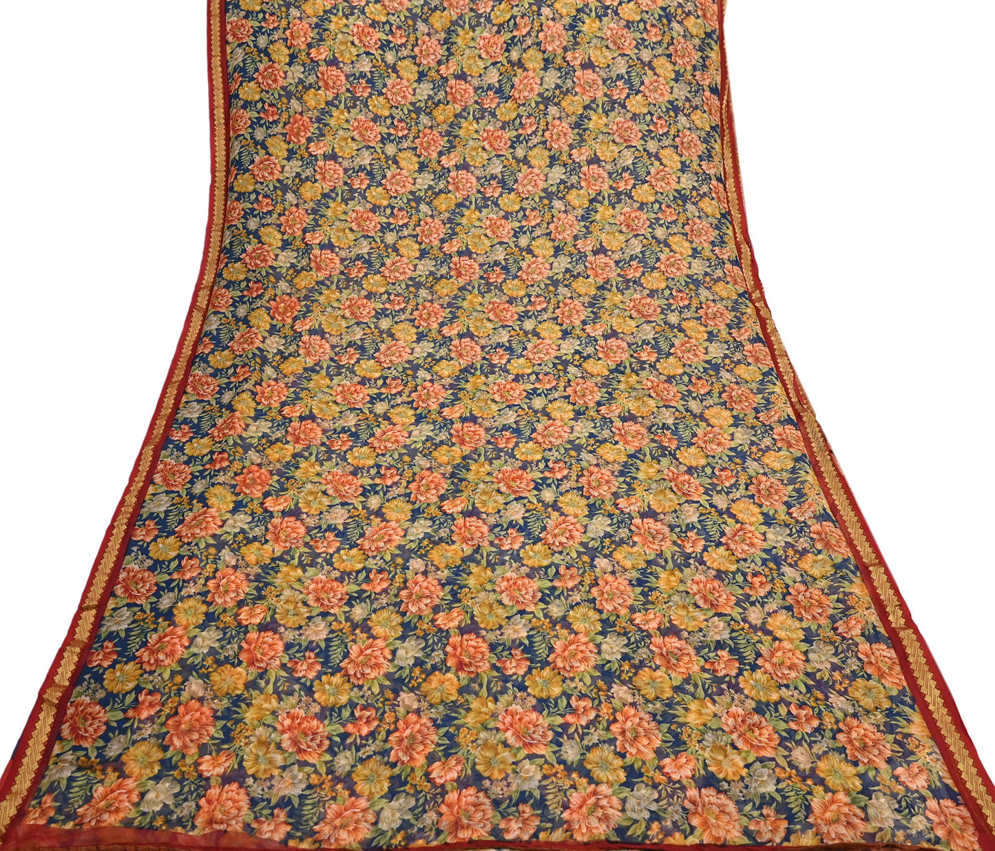 Vintage Saree Teal Blue Pure Chiffon Silk Printed Sari Craft Fabric Sewing 6Yard Soft
