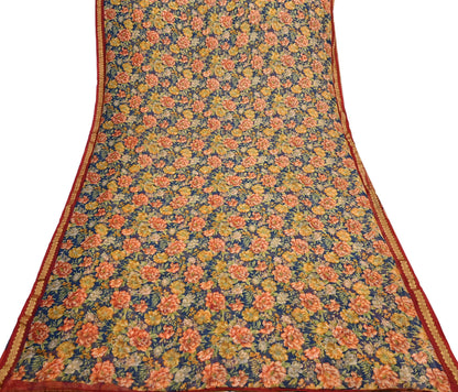 Vintage Saree Teal Blue Pure Chiffon Silk Printed Sari Craft Fabric Sewing 6Yard Soft