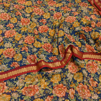Vintage Saree Teal Blue Pure Chiffon Silk Printed Sari Craft Fabric Sewing 6Yard Soft