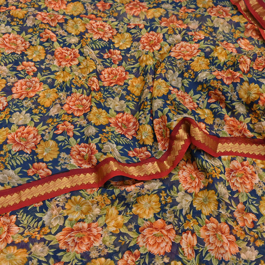 Vintage Saree Teal Blue Pure Chiffon Silk Printed Sari Craft Fabric Sewing 6Yard Soft