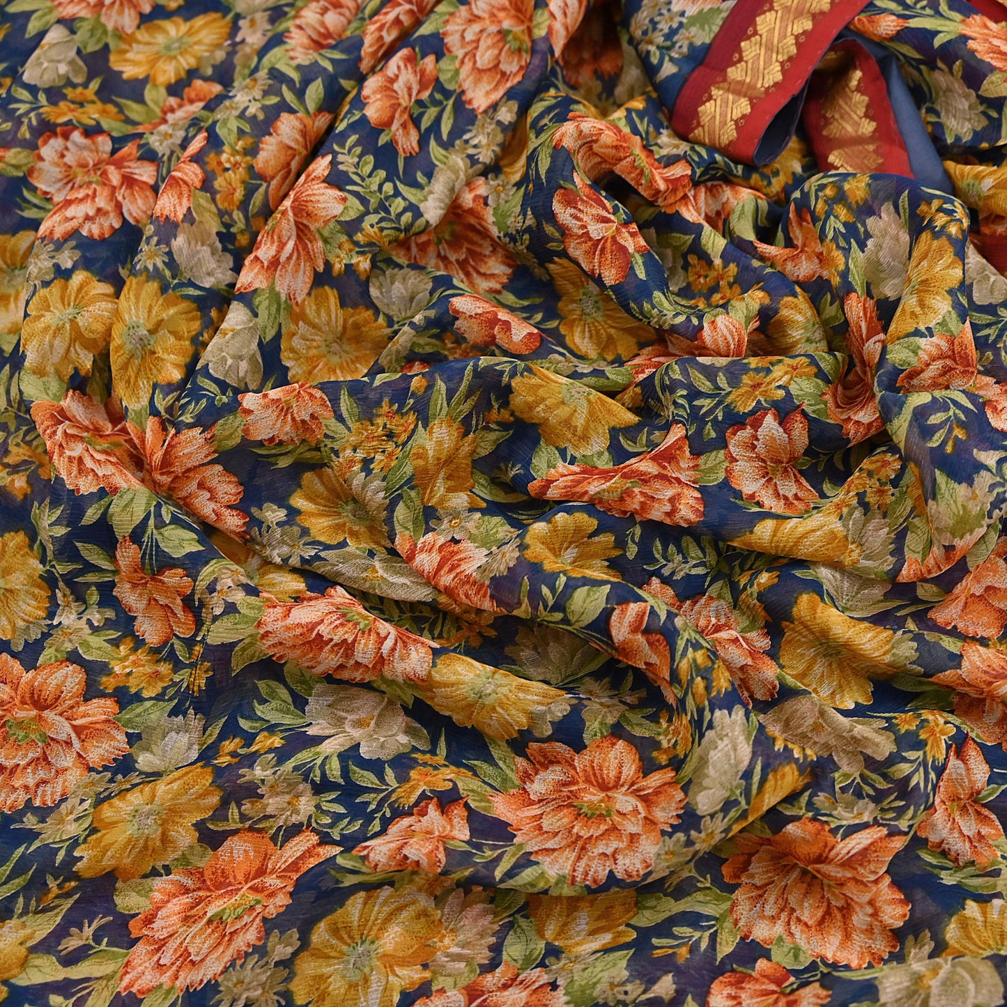 Vintage Saree Teal Blue Pure Chiffon Silk Printed Sari Craft Fabric Sewing 6Yard Soft