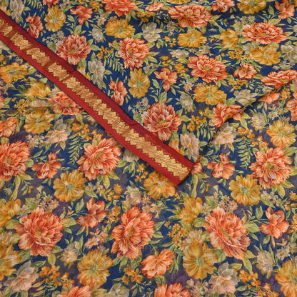 Vintage Saree Teal Blue Pure Chiffon Silk Printed Sari Craft Fabric Sewing 6Yard Soft